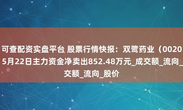 可查配资实盘平台 股票行情快报：双鹭药业（002038）5月22日主力资金净卖出852.48万元_成交额_流向_股价